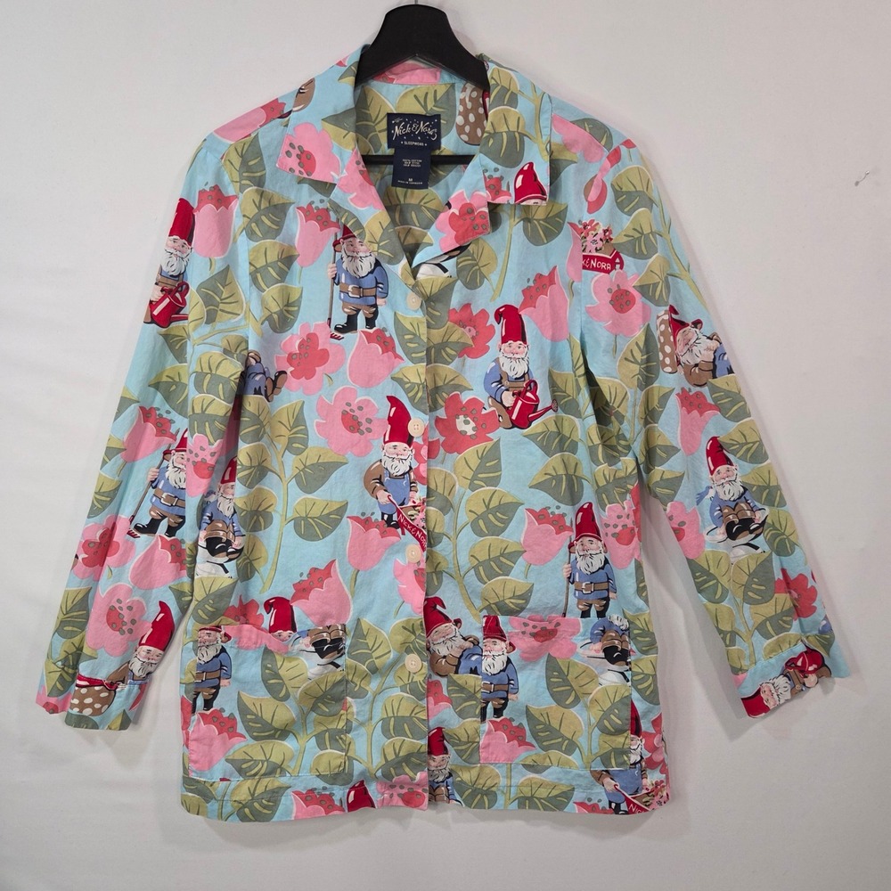 Nick & Nora Pajama Top Womens M Gnome Garden Floral Blue Cotton Y2K Cottagecore
